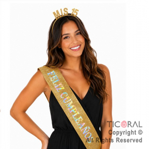 SET VINCHA MIS 15 Y BANDA FELIZ CUMPLEA�OS ORO